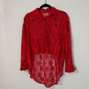 Flamingo Vintage Red Lace High Low Button Down 90s M